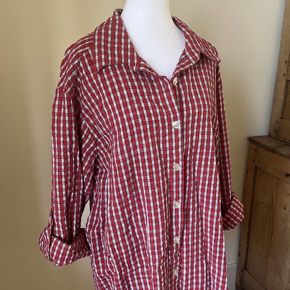 Vtg Lady Lori Womens Red Plaid Tunic Top Sz XL Lagenlook Button Up Lumberjack - Picture 3 of 15